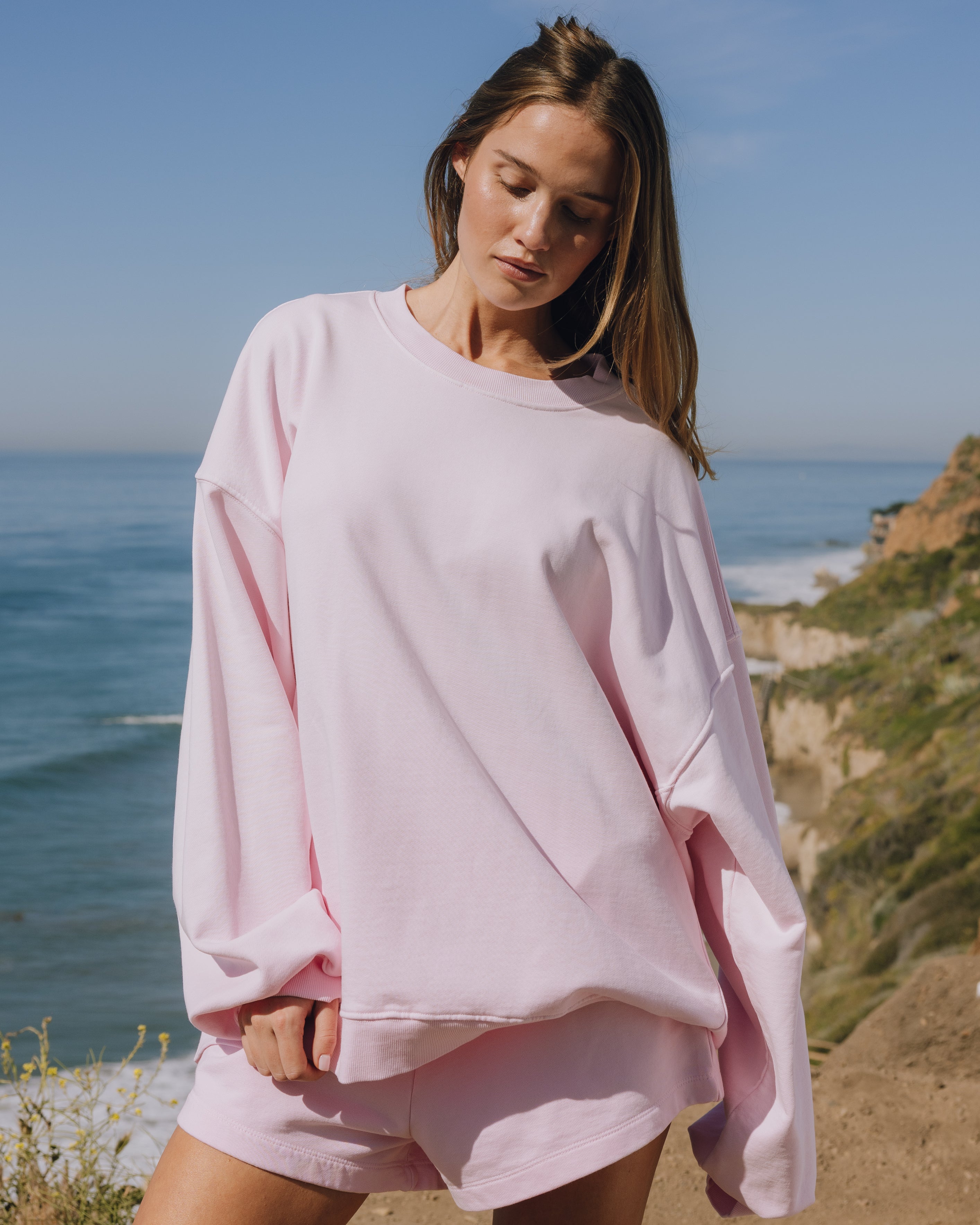 Unisex Oversized Crew - Sunsoaked Cupid with Monochrome Patch