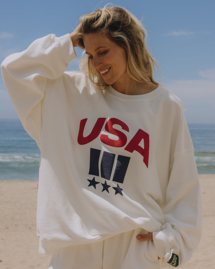 USA!!! Oversized Crew - White with Red + Navy