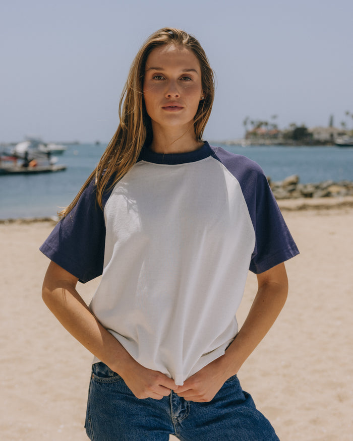 Vintage Raglan Tee - White + Navy