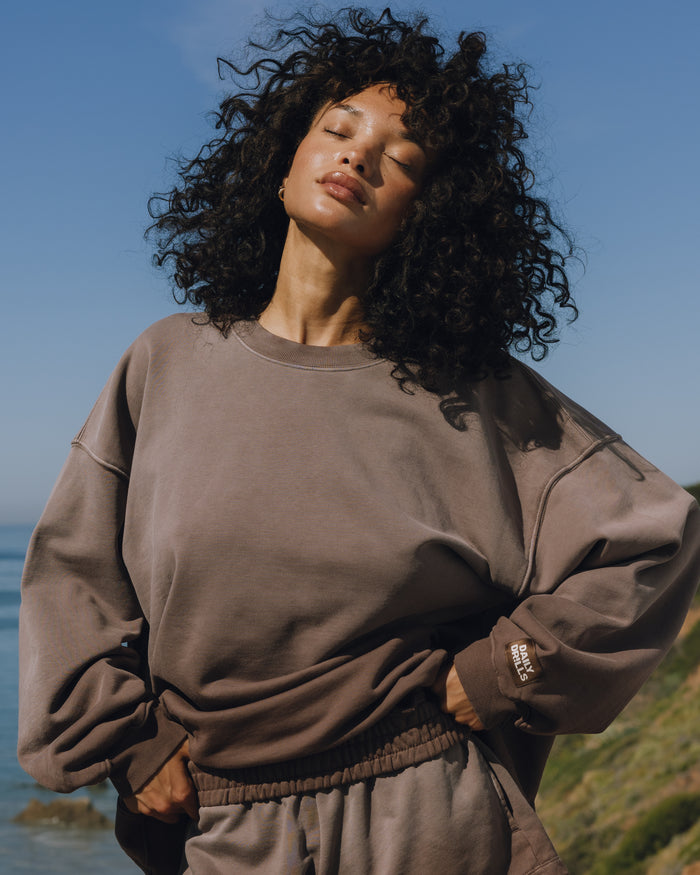 Unisex Oversized Crew - Sunsoaked Mocha with Monochrome Patch