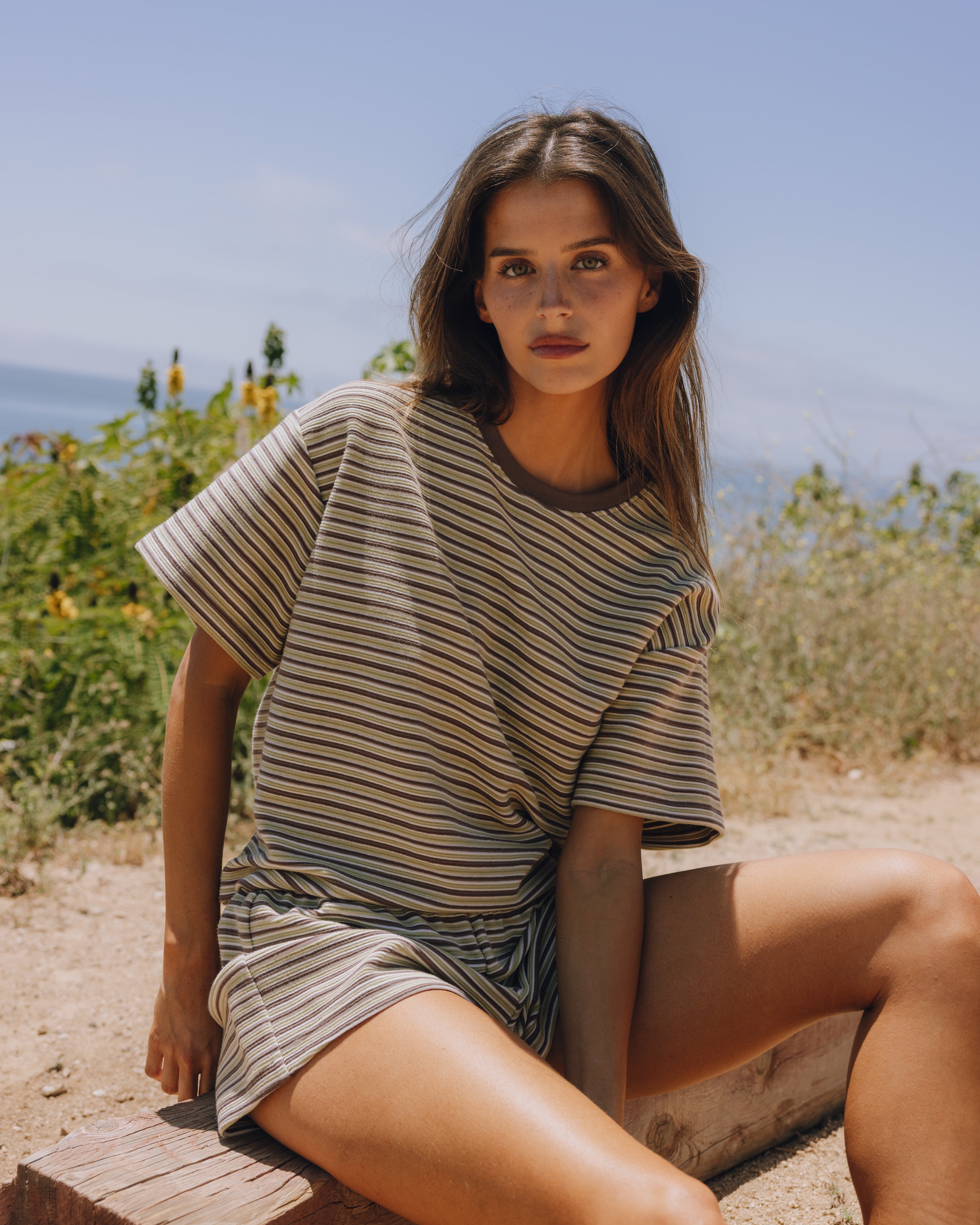 Striped Ribbed Relaxed Tee - Matcha + Mocha + Cream Stripe
