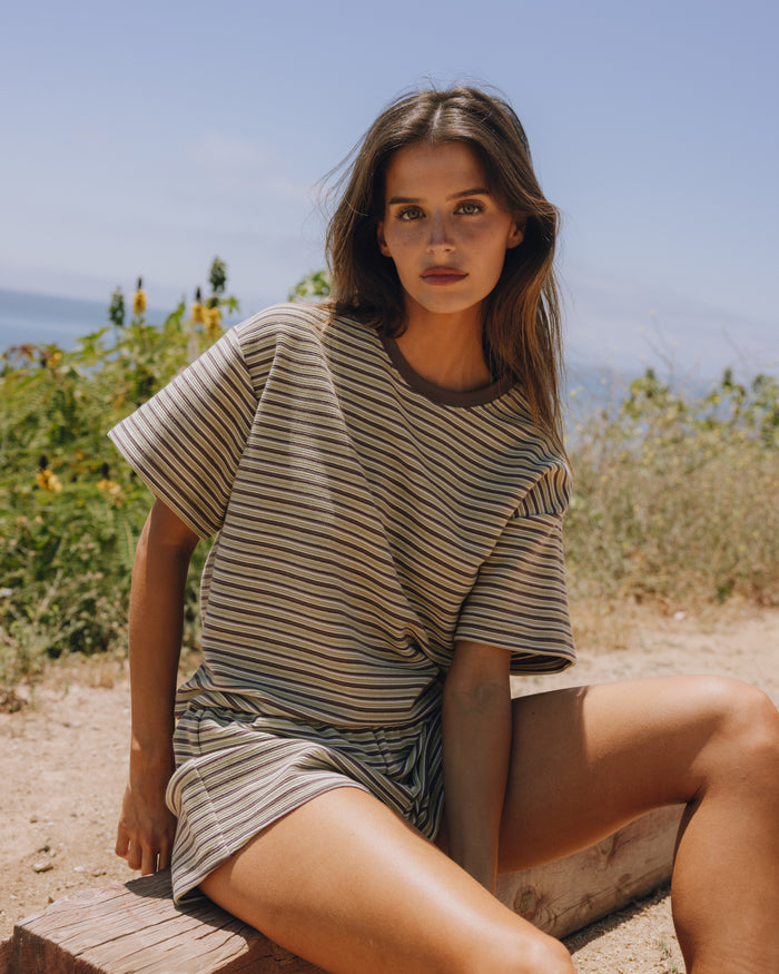 Striped Ribbed Relaxed Tee - Matcha + Mocha + Cream Stripe