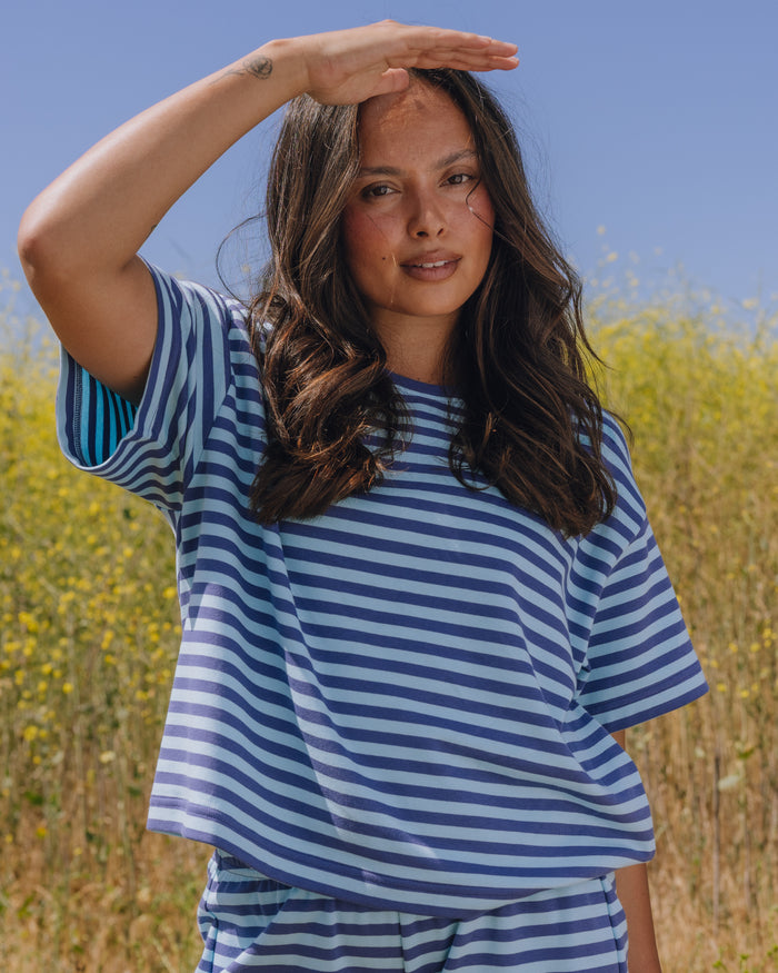 Striped Cotton Relaxed Tee - Malibu + Navy Stripe