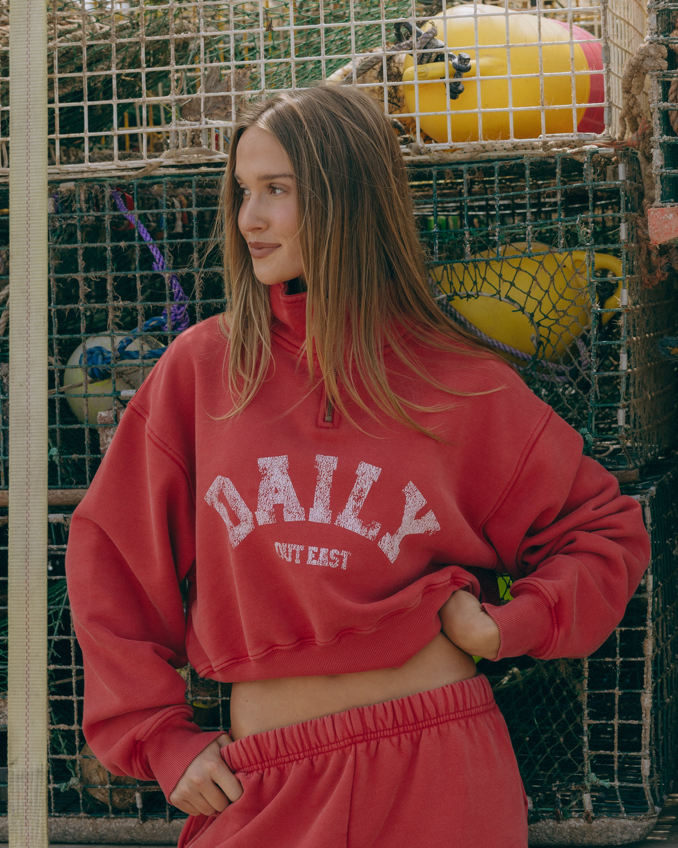 Heavyweight Funnel Neck Daily Quarter Zip - Sunbleached Vintage Red