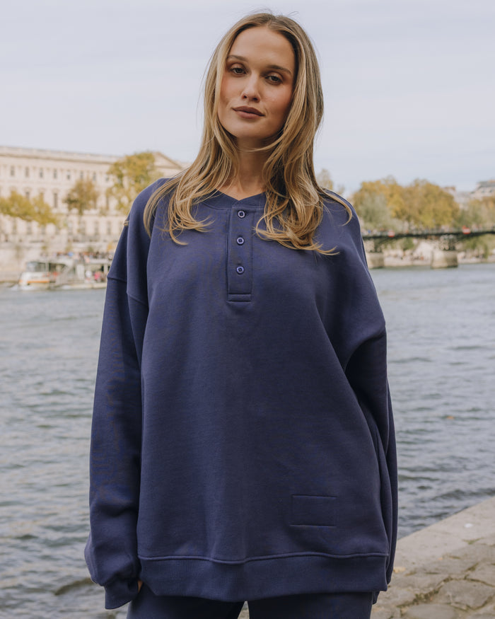 Oversized Fleece Henley - Navy