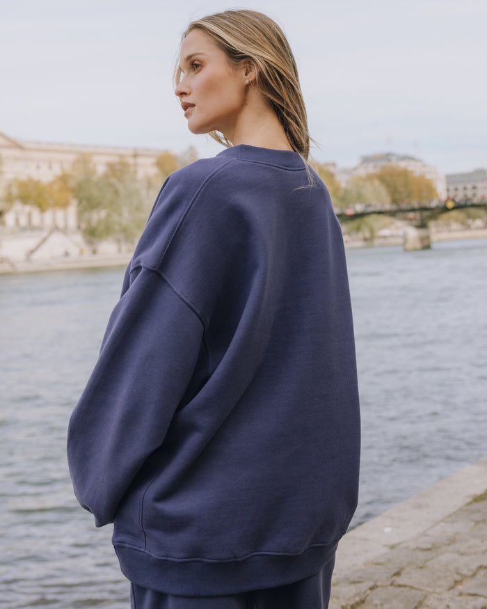 Oversized Fleece Henley - Navy