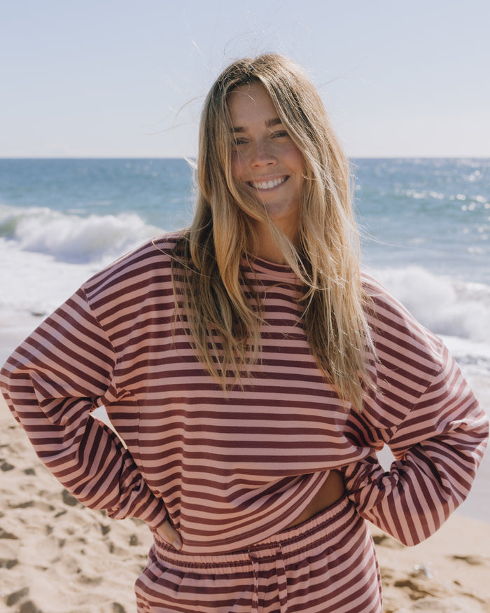 Striped Cotton Long Sleeve - Wine + Dusty Rose Stripe with Monochrome Patch