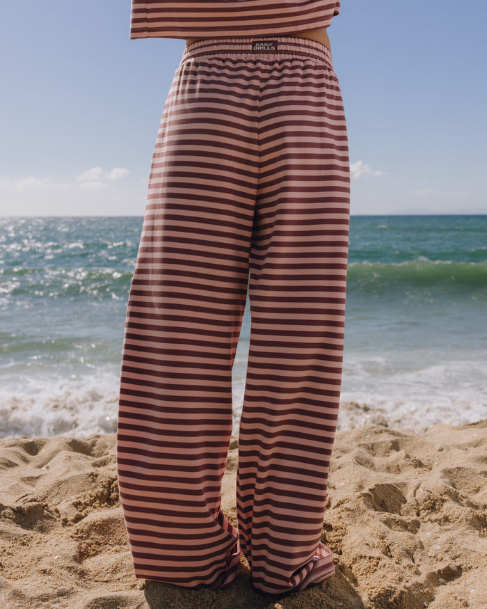 Striped Cotton Pants - Wine + Dusty Rose Stripe with Monochrome Patch