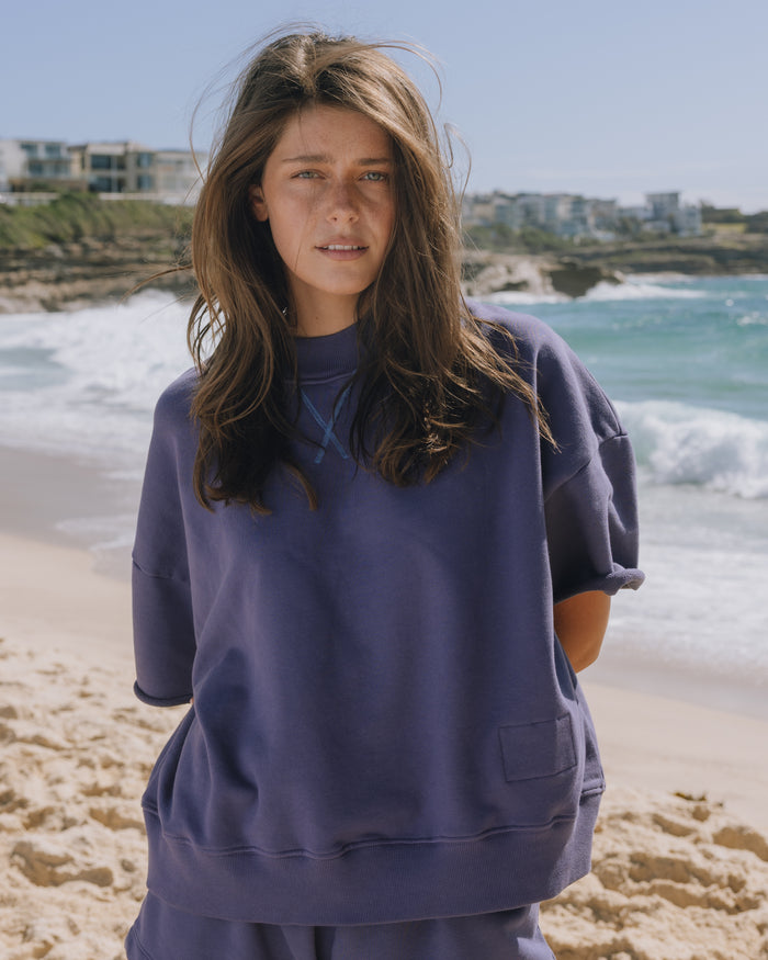 Cropped Sleeve Vintage Crew - Navy + Cabana with Tonal Patch