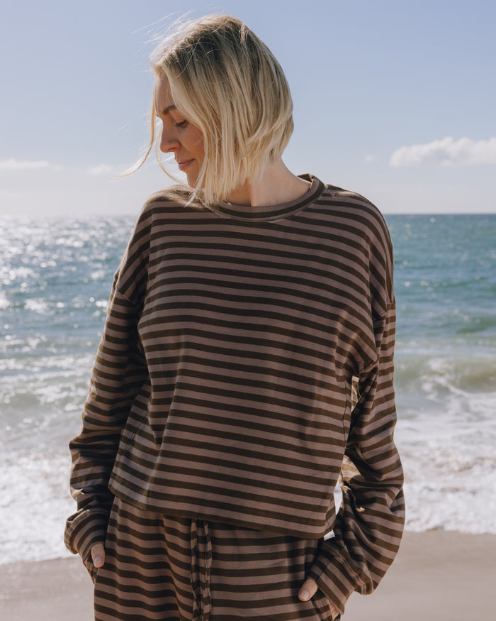 Striped Cotton Long Sleeve - Mocha + Coco Stripe with Monochrome Patch