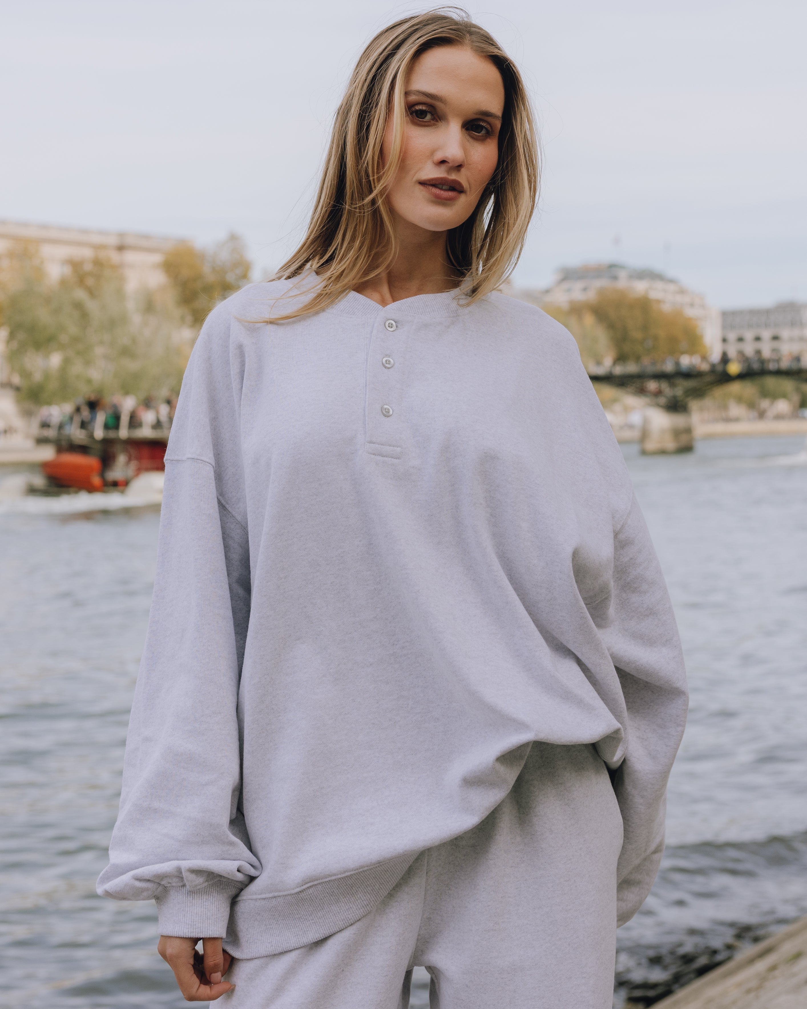 Oversized Fleece Henley - Heather Grey