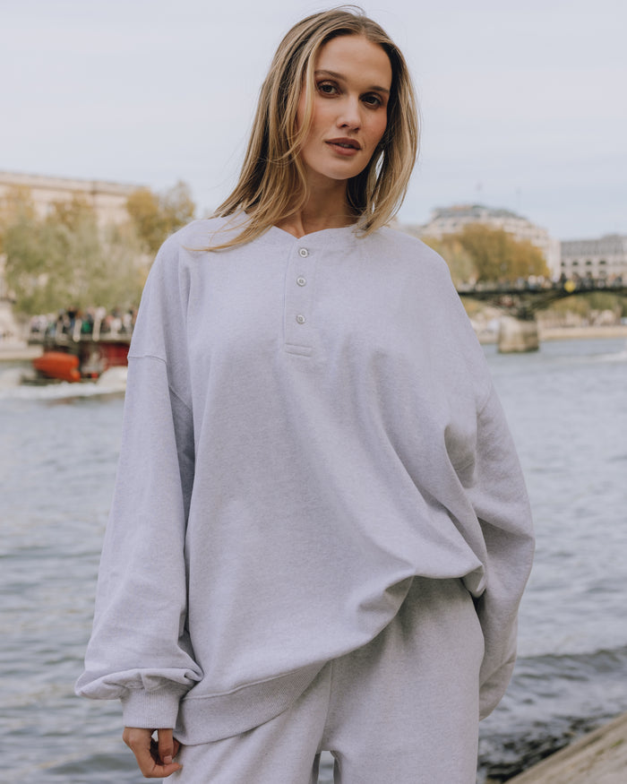 Oversized Fleece Henley - Heather Grey