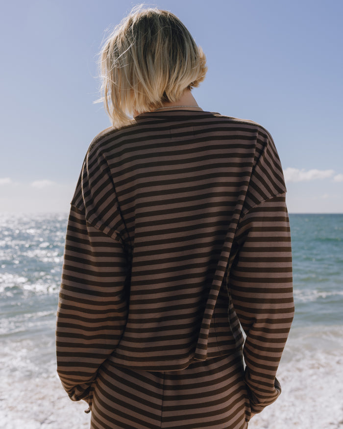 Striped Cotton Long Sleeve - Mocha + Coco Stripe with Monochrome Patch
