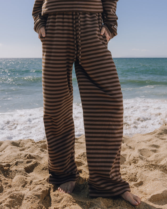 Striped Cotton Pants - Mocha + Coco Stripe with Monochrome Patch