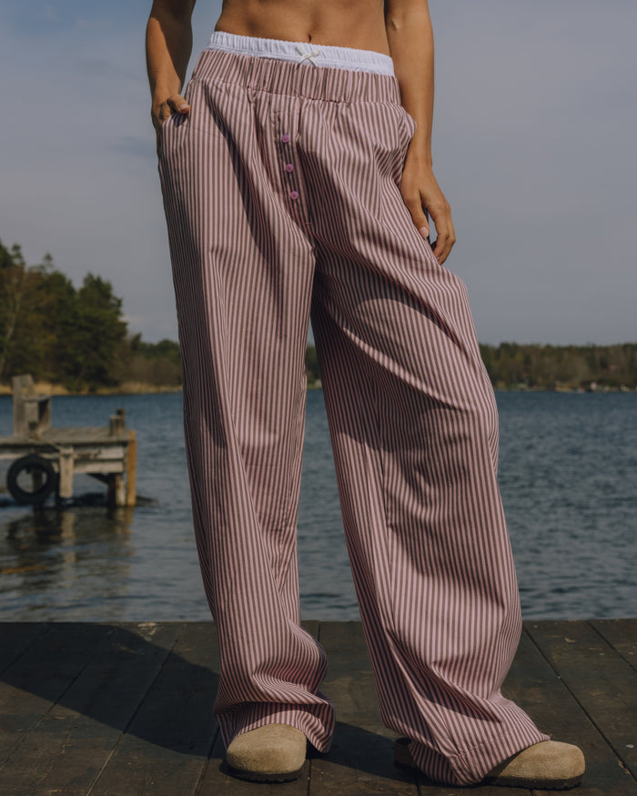 Pointelle Layered Poplin Resort Pants - Mocha + Pink Stripe