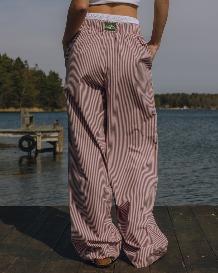 Pointelle Layered Poplin Resort Pants - Mocha + Pink Stripe