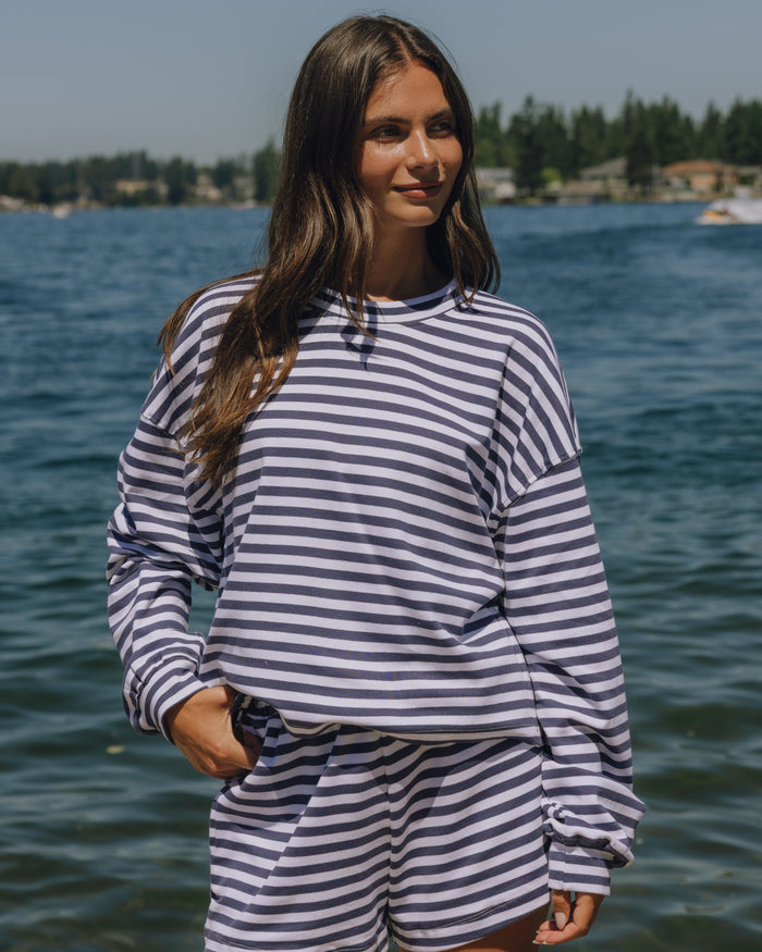 Striped Cotton Long Sleeve - Navy + White Stripe