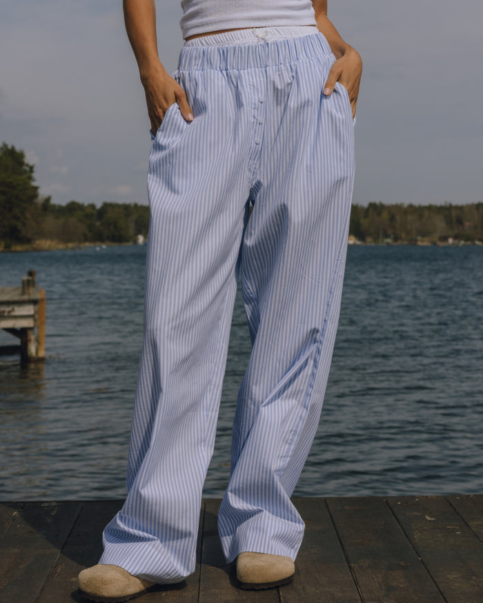 Pointelle Layered Poplin Resort Pants - Mist + White Stripe