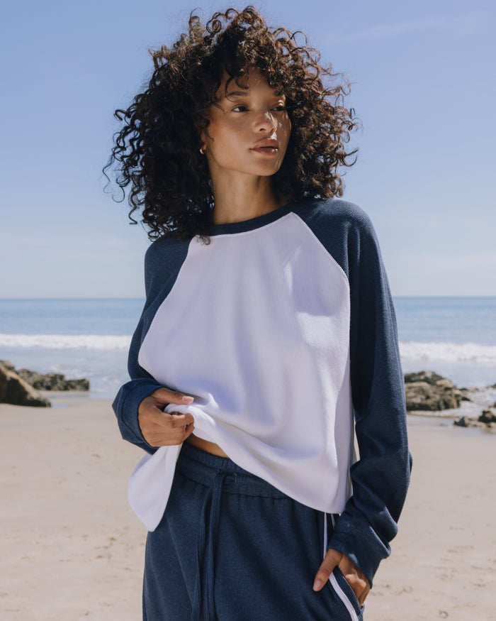 Oversized Raglan Thermal - Denim + White