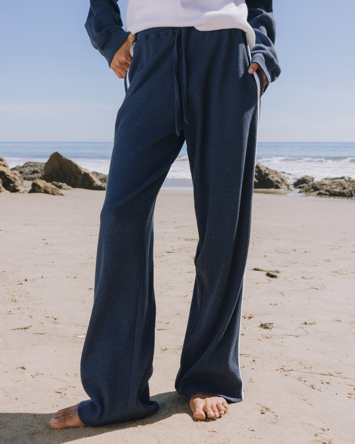 Thermal Resort Pants with Stripes - Denim + White