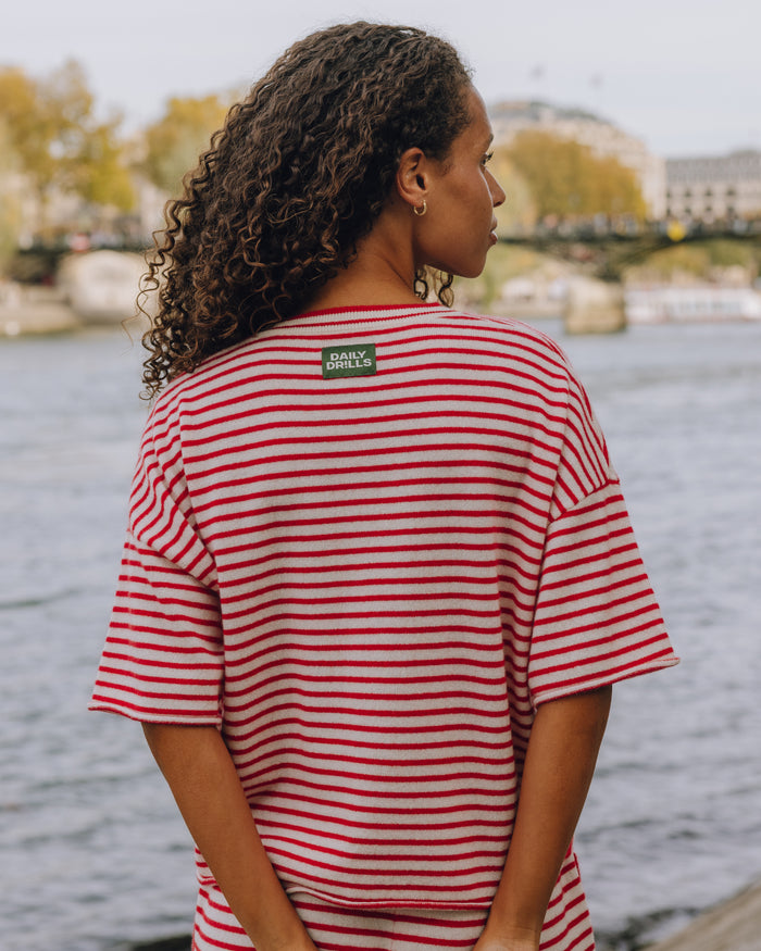 Cashmere Cropped Sleeve - Red + White Stripe