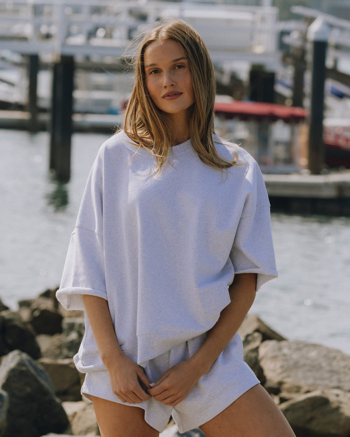 Fleece Cropped Sleeve Crew - Heather Grey