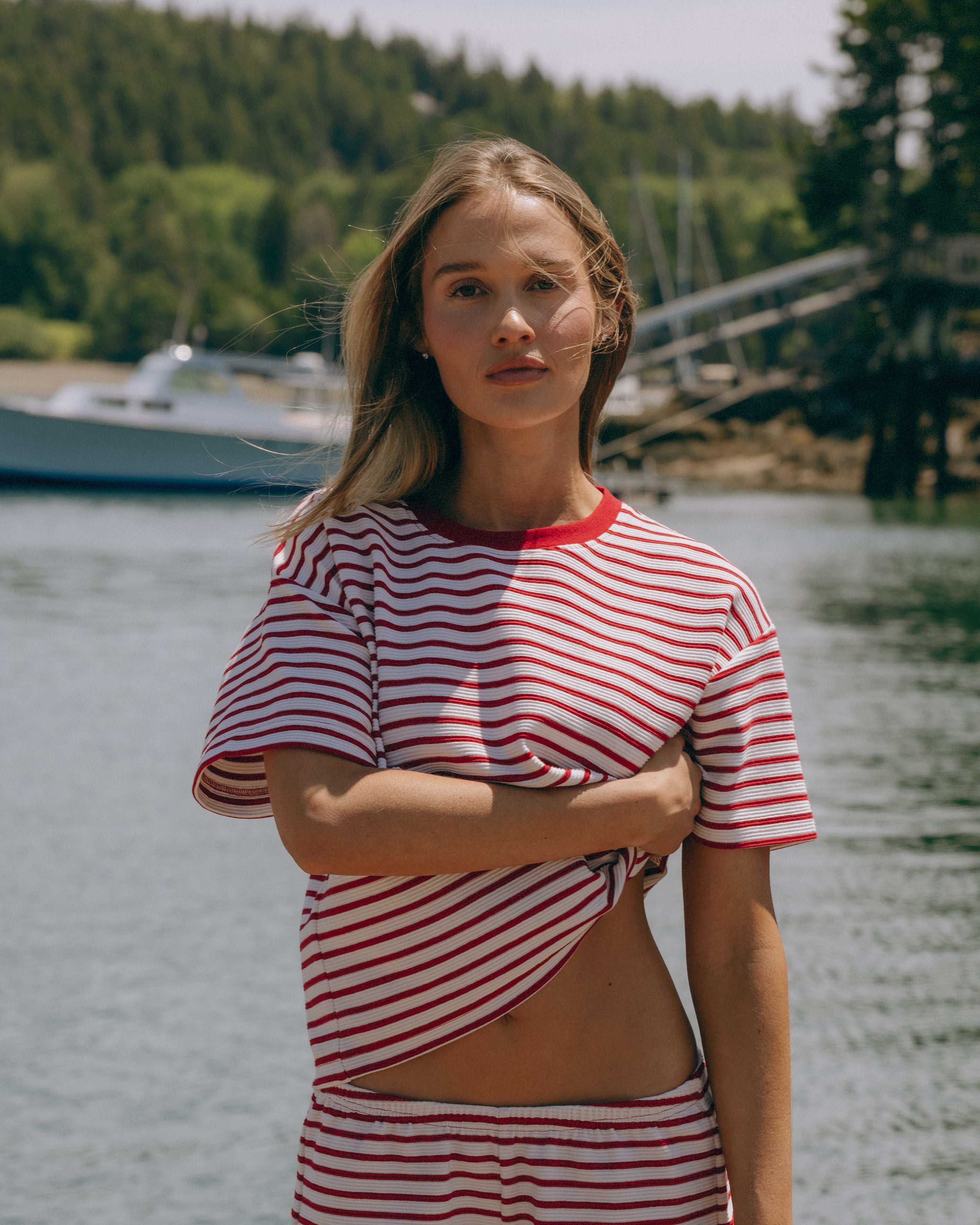Striped Ribbed Relaxed Tee - Vintage Red + Cupid + Cream Stripe