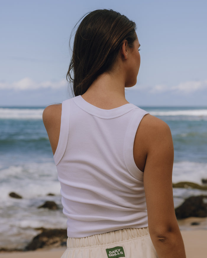 Logo Ribbed Tank - White