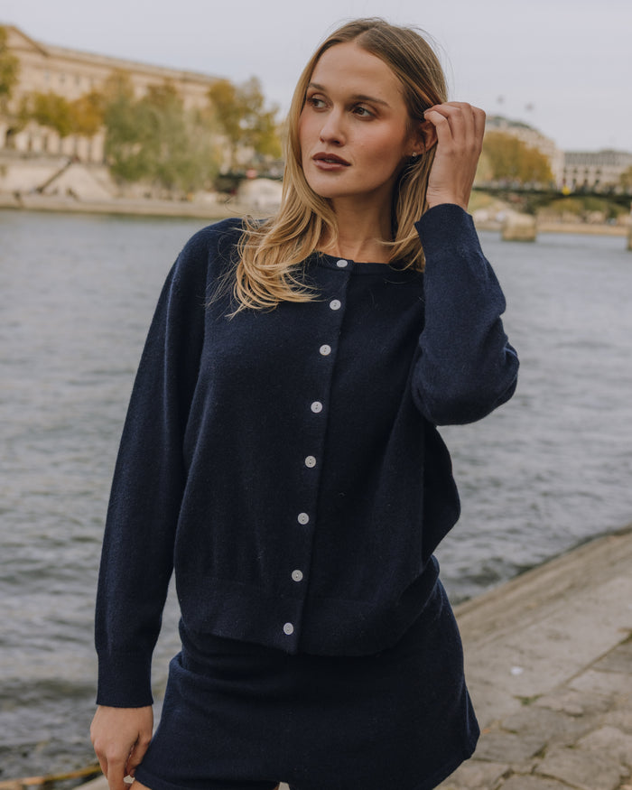 Cashmere Button Up Sweater - Navy