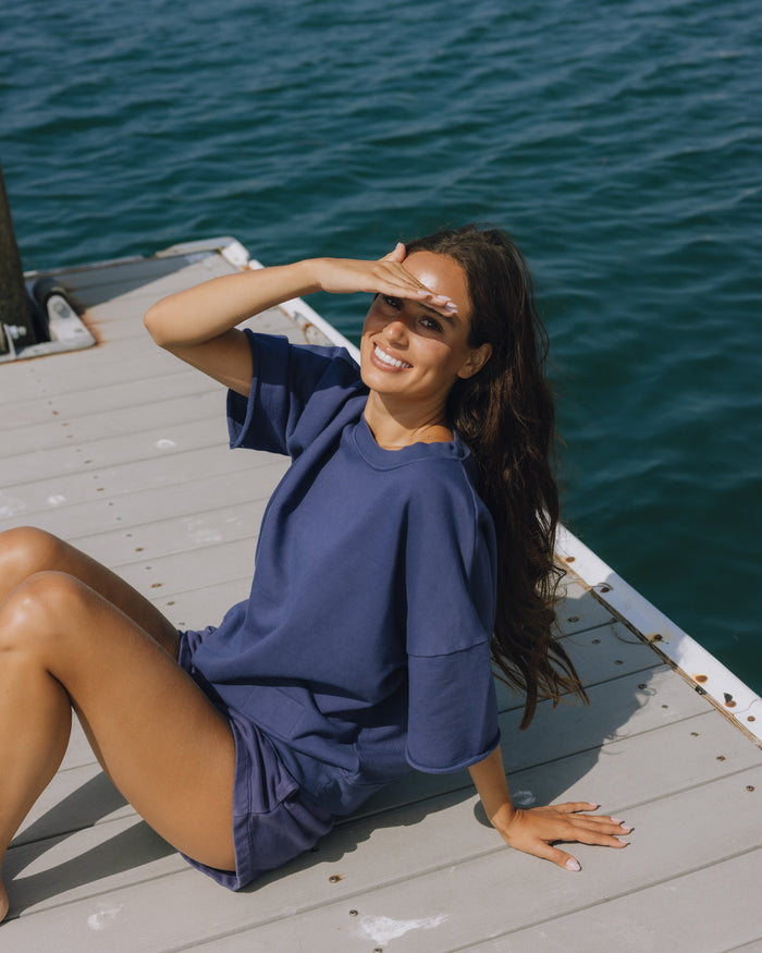 Cropped Sleeve Crew - Navy