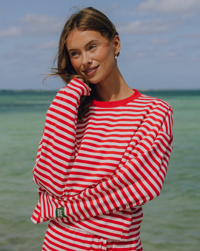 Striped Cotton Long Sleeve - Heart + Pale Pink Stripe