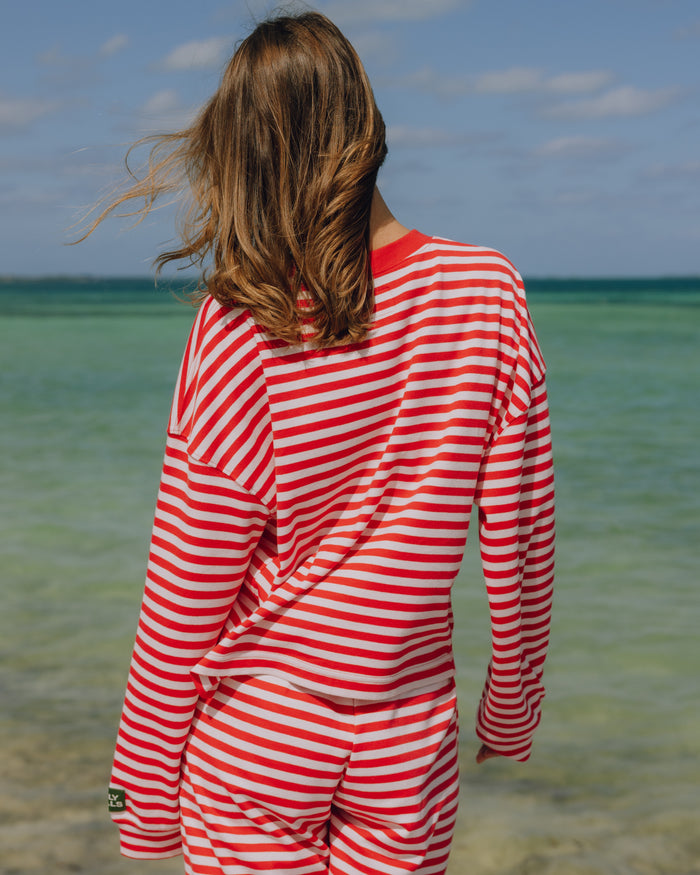 Striped Cotton Long Sleeve - Heart + Pale Pink Stripe