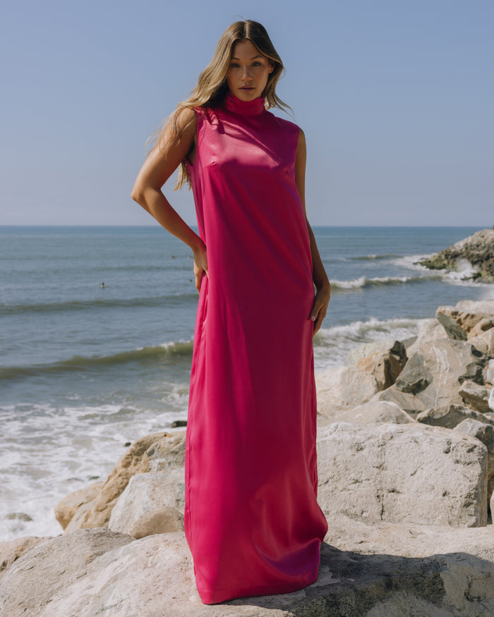 Silky Maxi Dress with Neck Tie - Hot Pink