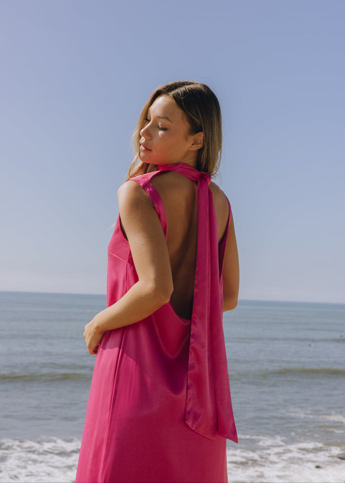 Silky Maxi Dress with Neck Tie - Hot Pink