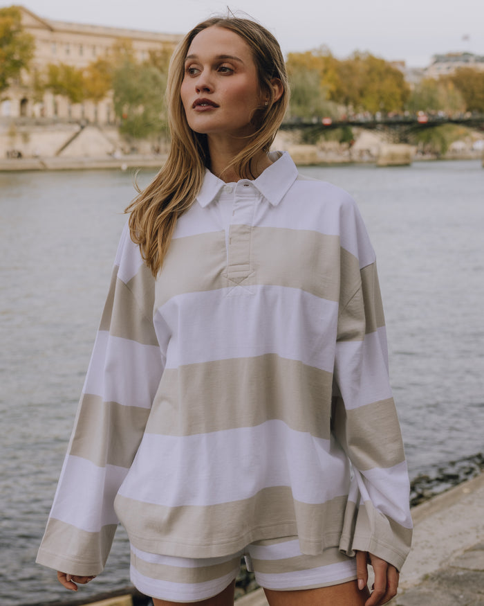 Rugby Tee - Light Grey + White Stripe