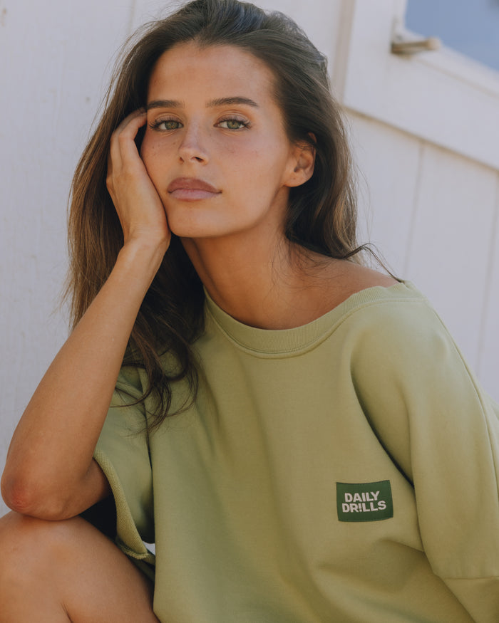 Cropped Sleeve Patch Crew - Matcha