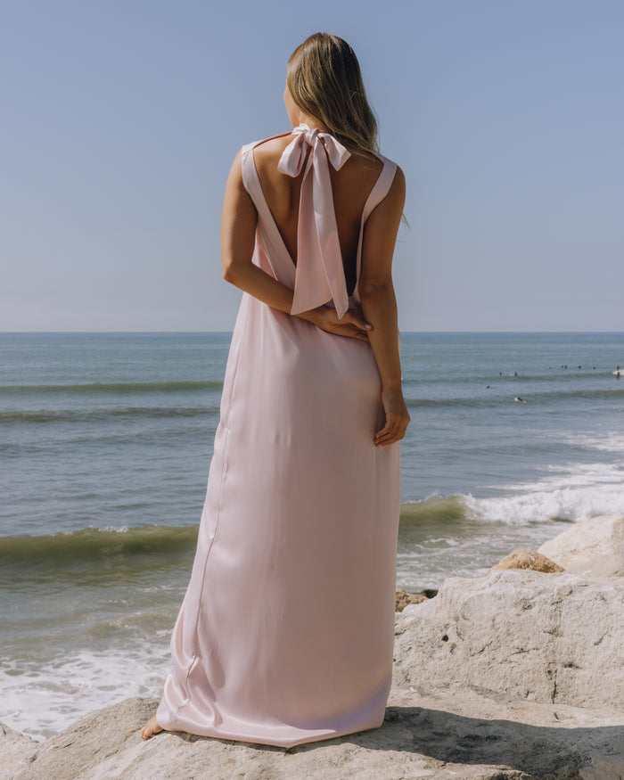 Silky Maxi Dress with Neck Tie - Ribbon