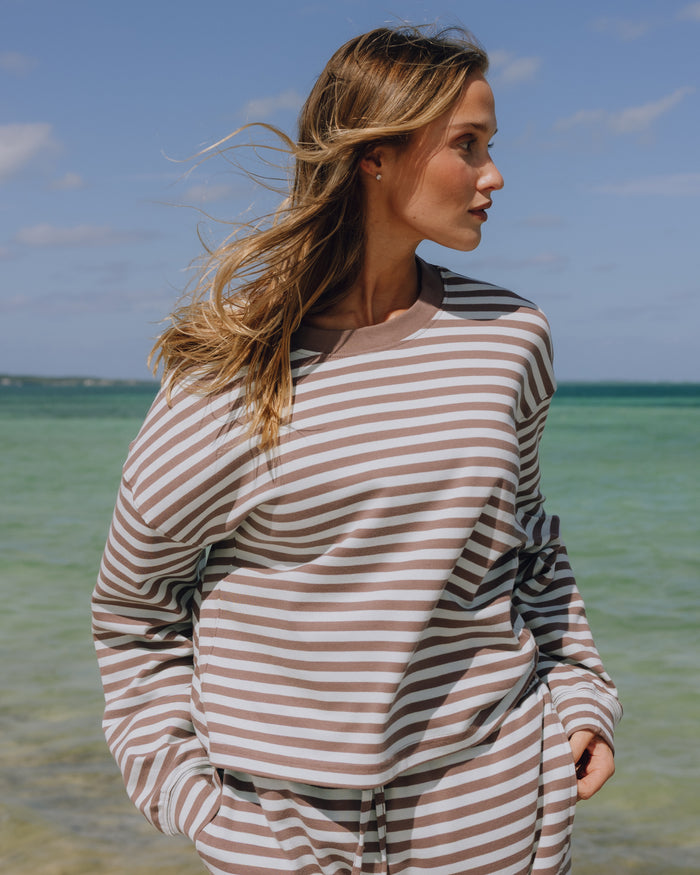 Striped Cotton Long Sleeve - Mocha + Lake Day Stripe