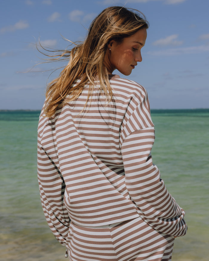 Striped Cotton Long Sleeve - Mocha + Lake Day Stripe