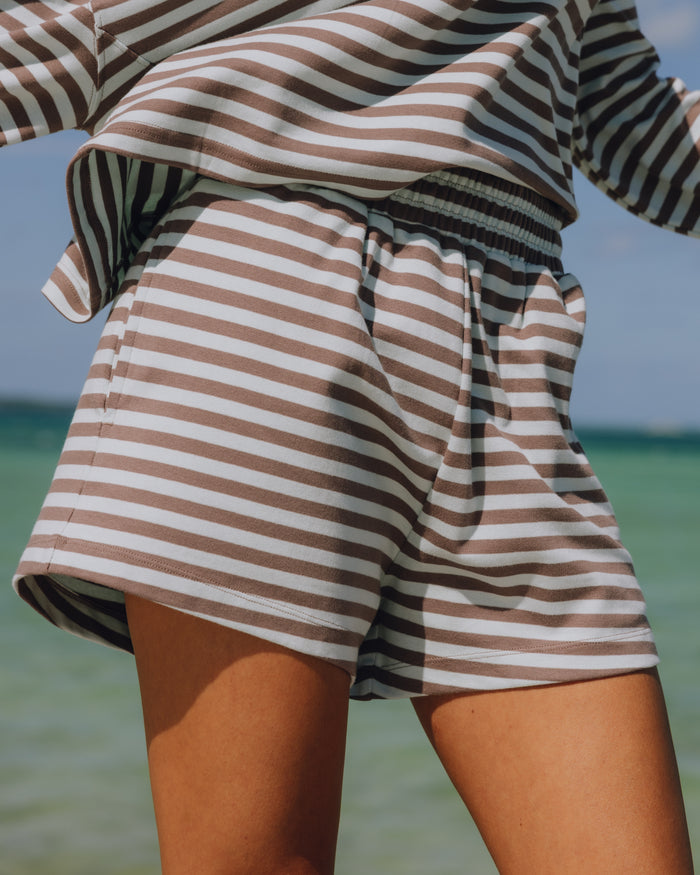Striped Cotton Shorts - Mocha + Lake Day Stripe