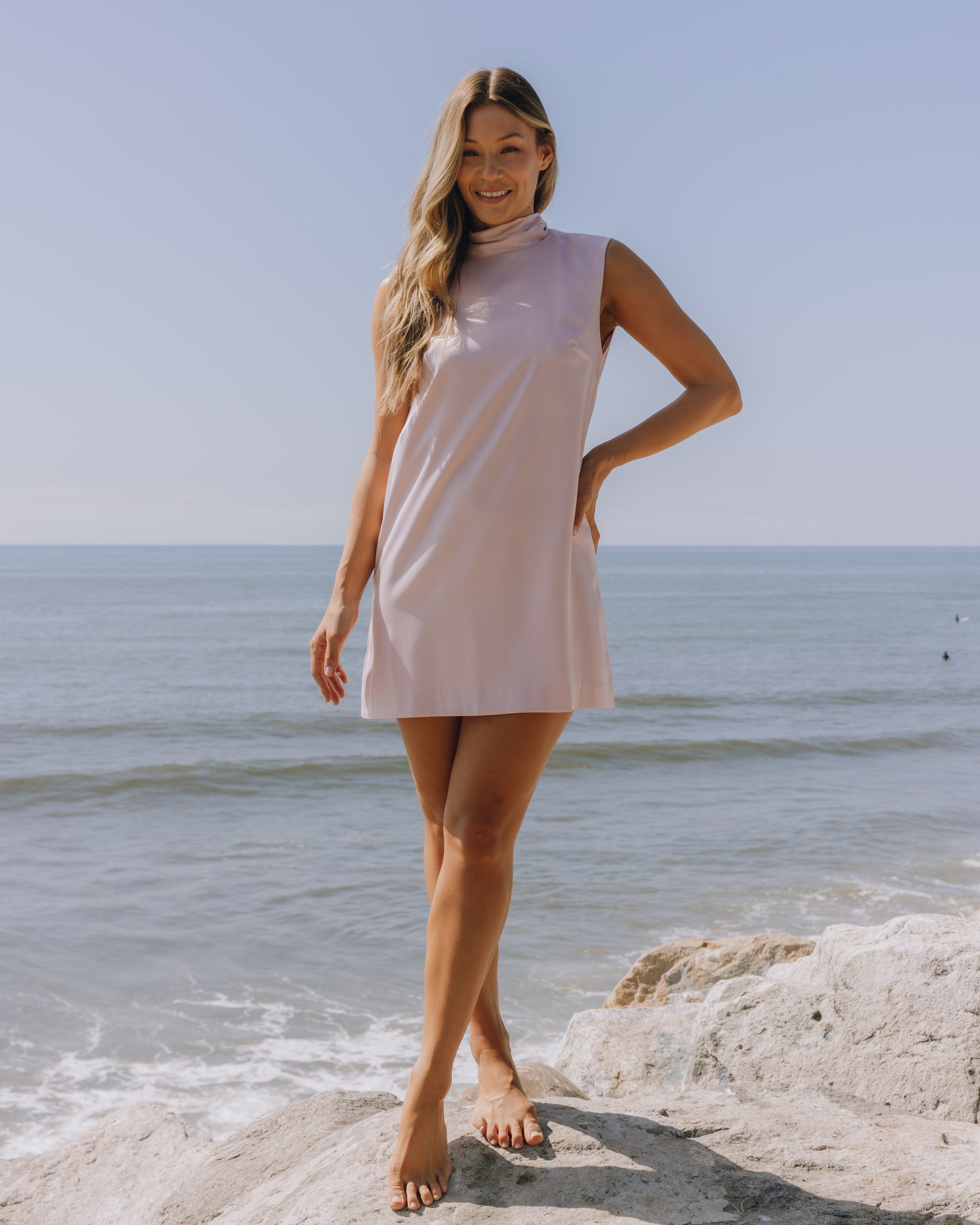 Silky Mini Dress with Neck Tie - Ribbon