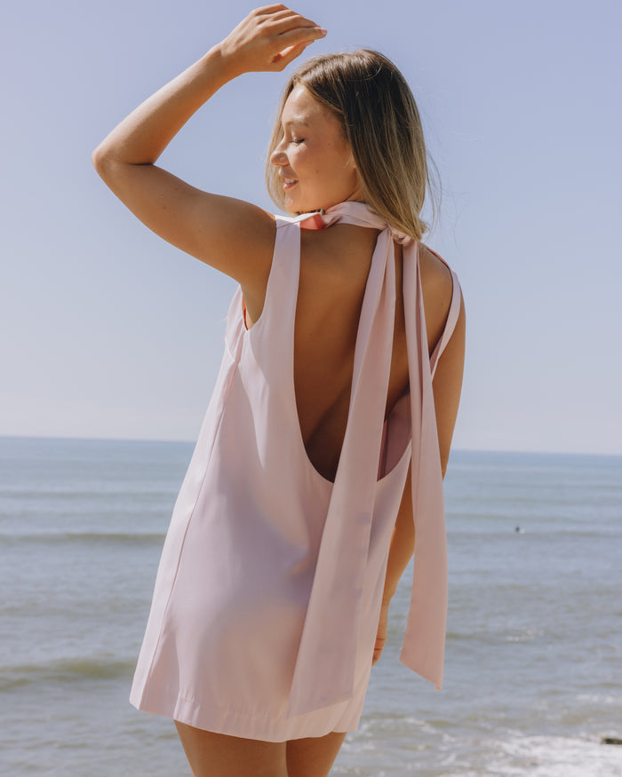 Silky Mini Dress with Neck Tie - Ribbon