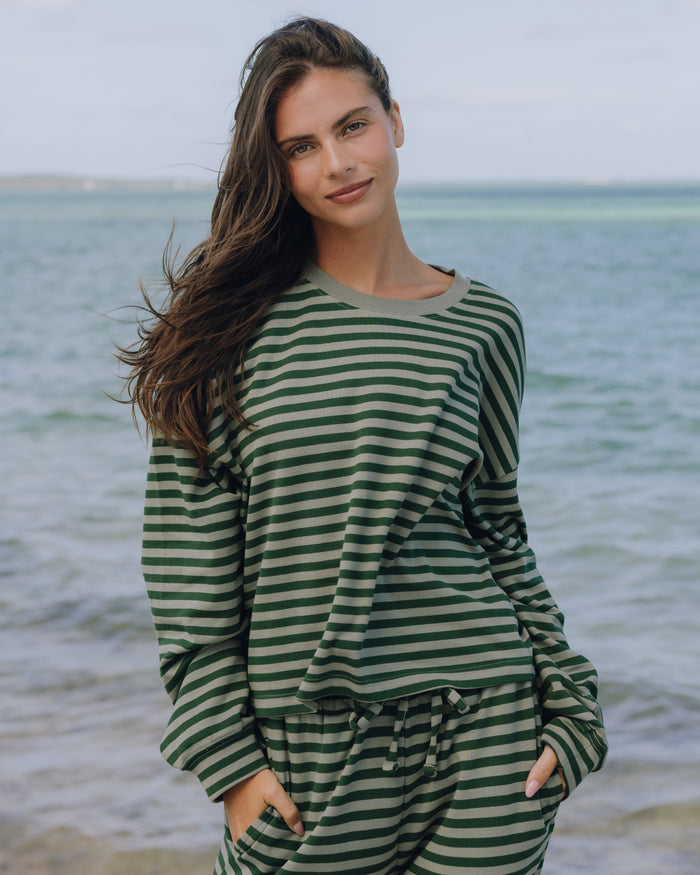 Striped Cotton Long Sleeve - DD Green + Forest Green Stripe