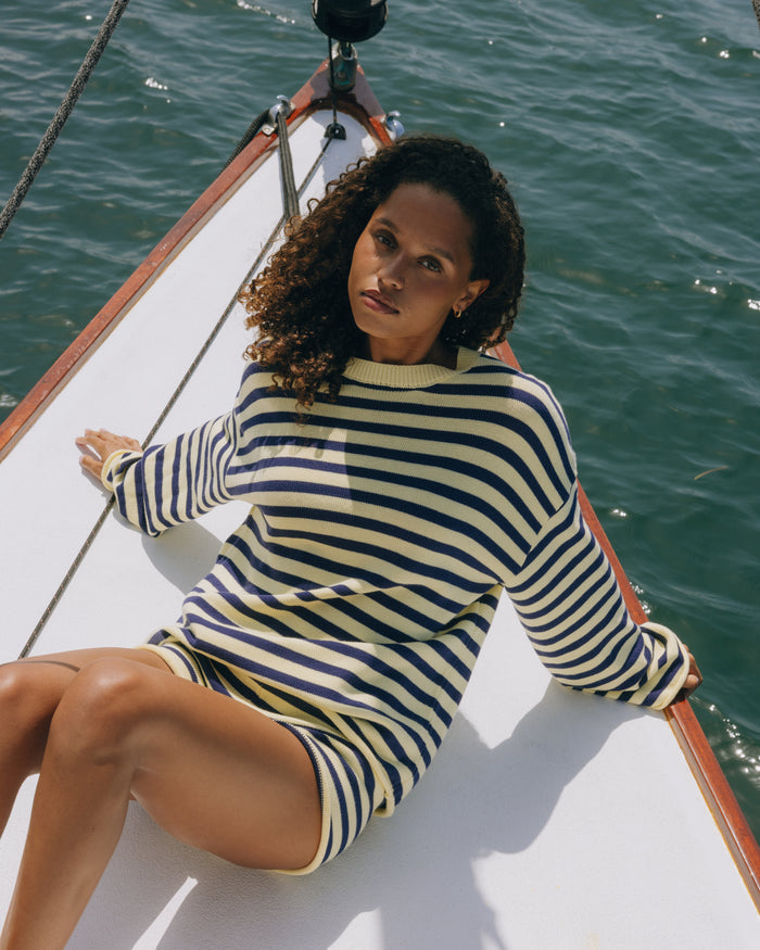 Beach Knit Oversized Sweater - Navy + Lemonade Stripe