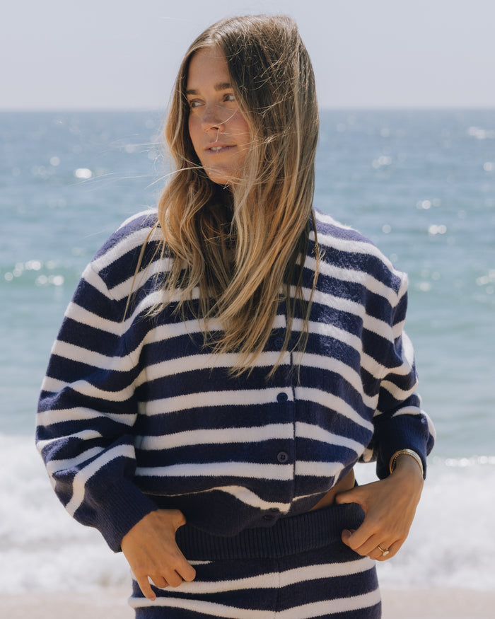 Button Up Sweater - Navy + White Stripe