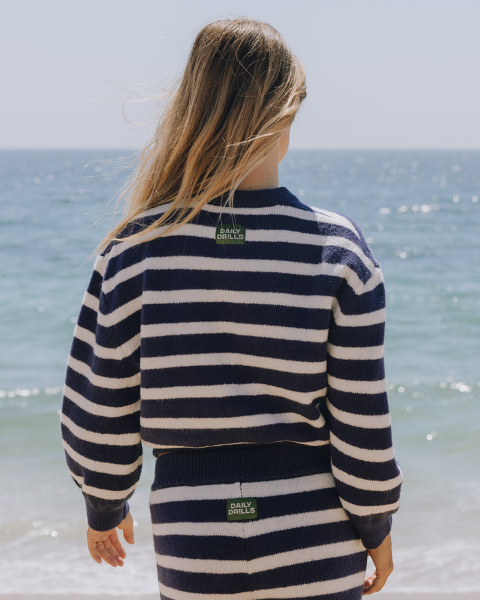 Button Up Sweater - Navy + White Stripe