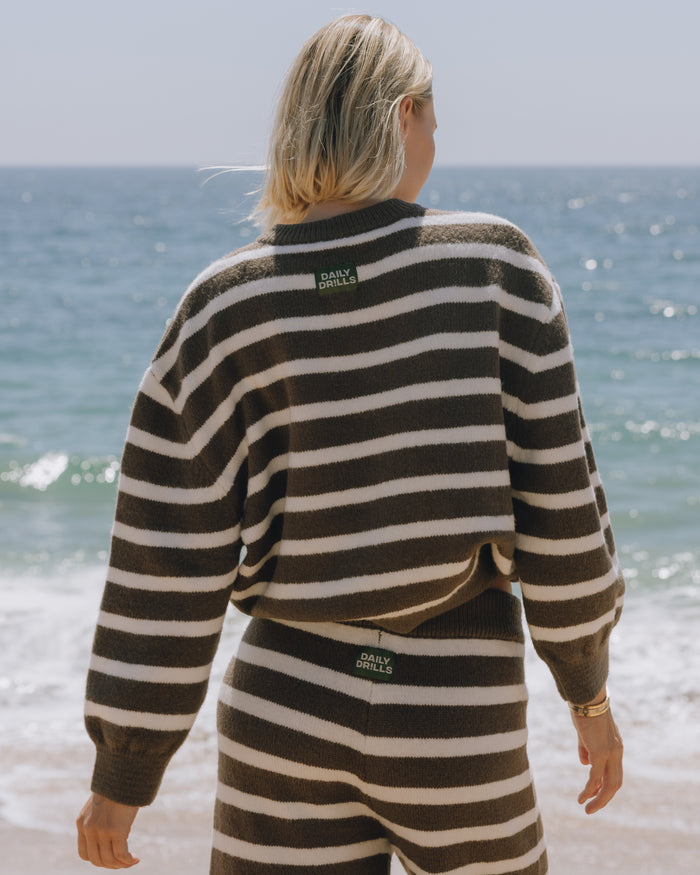 Button Up Sweater - Mocha + White Stripe