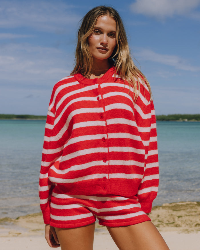 Button Up Sweater - Heart + Pale Pink Stripe