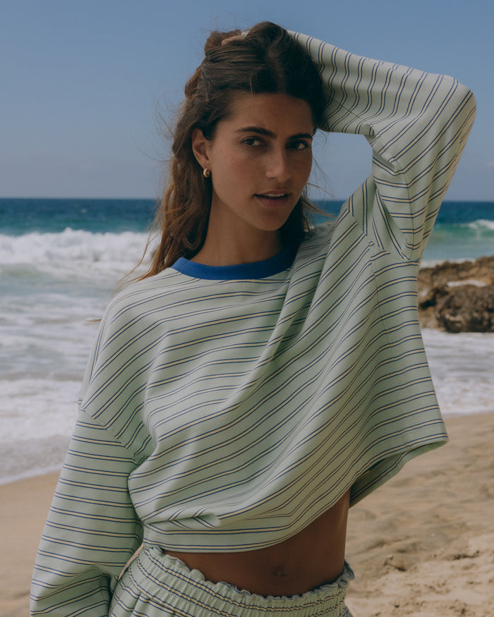Striped Cotton Long Sleeve - Surf + Lemonade + Cobalt Stripe with Monochrome Patch
