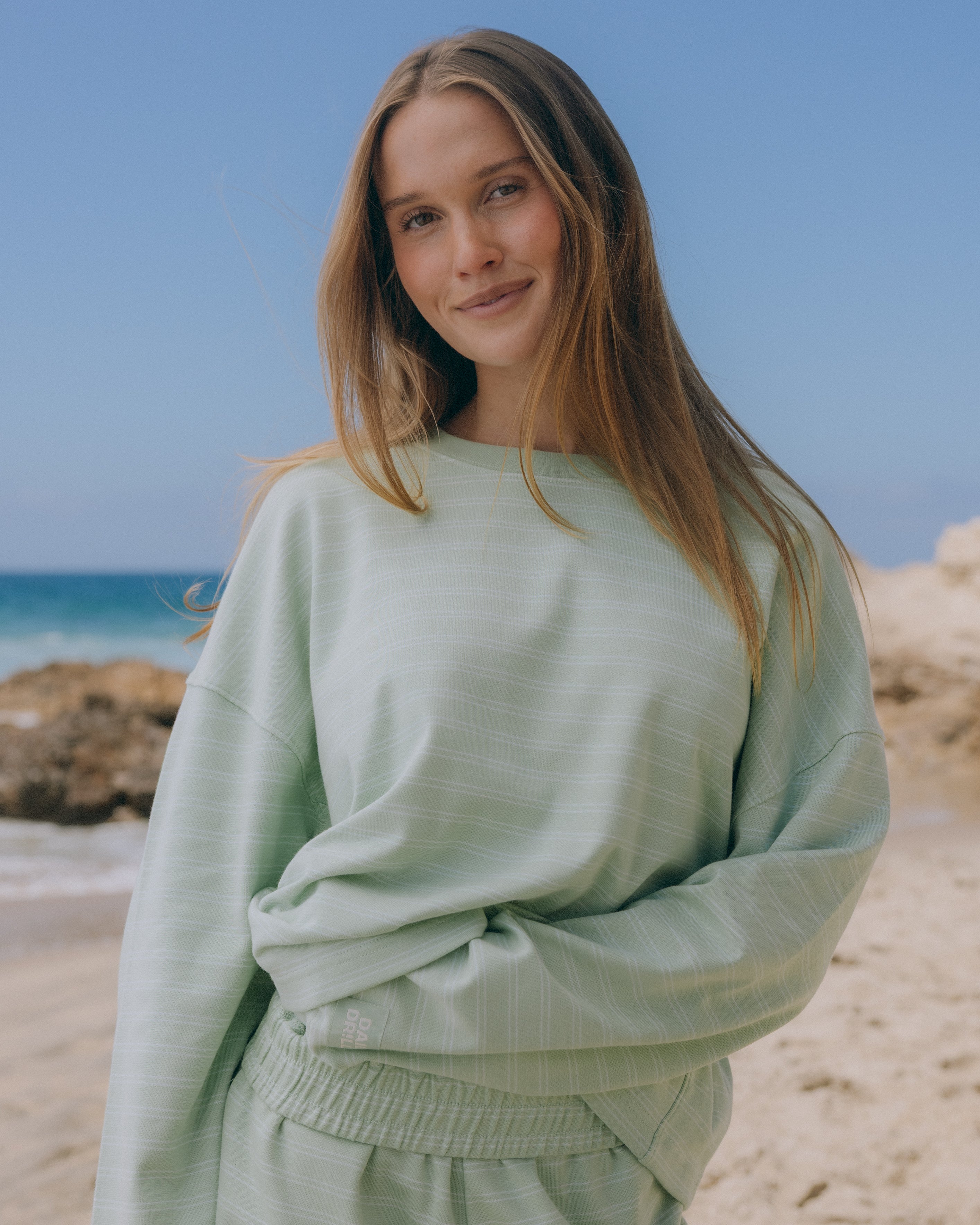 Striped Cotton Long Sleeve - Mint + Lake Day Stripe with Monochrome Patch